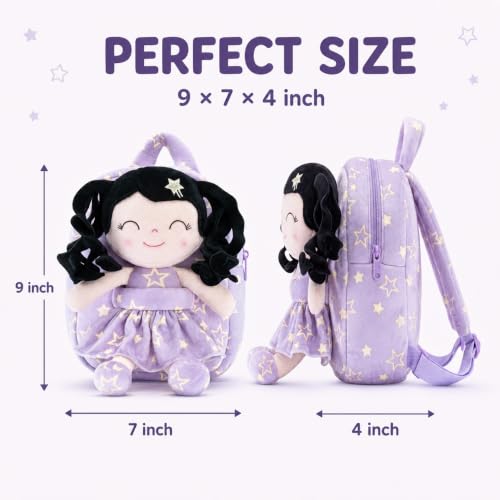 Image of Gloveleya Toddler Backpacks Baby Girl Gifts Curly Hair Plush Figures Dress Backpack Kids Backpack Curly Hair Spring Girl - Black Head Purple Star 9''
