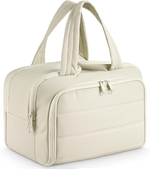 Multi Functional Toiletry Bag for Women, Large Capacity Travel Toiletry Bag, Multi-Compartment Makeup Organiser with Elastic Brush Holders, Wide-Mouth Design (Cream)-image-18