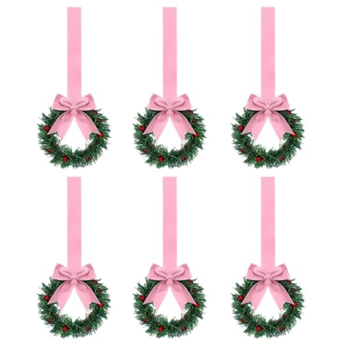 6 Pcs Mini Christmas Wreaths with Pink Ribbon Bow for Front Door Decor - image 1