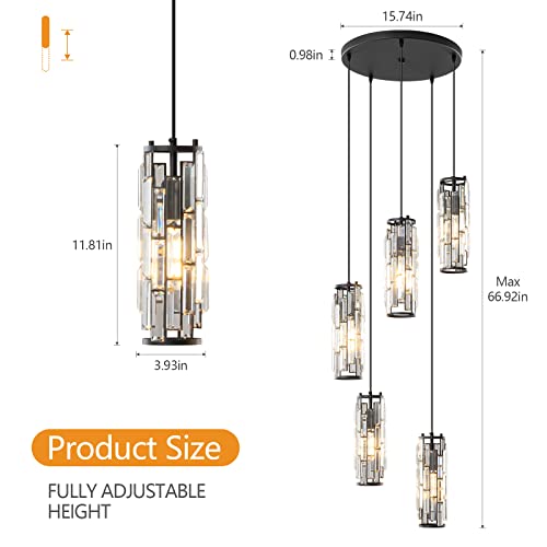Image of LMQNINE Pendant Light, Black Modern Pendant Light Fixtures, Mini Crystal Chandeliers, Adjustable 5-Light Pendant Lighting for Kitchen Island Dinning Room Bedroom (Black 5-Light)