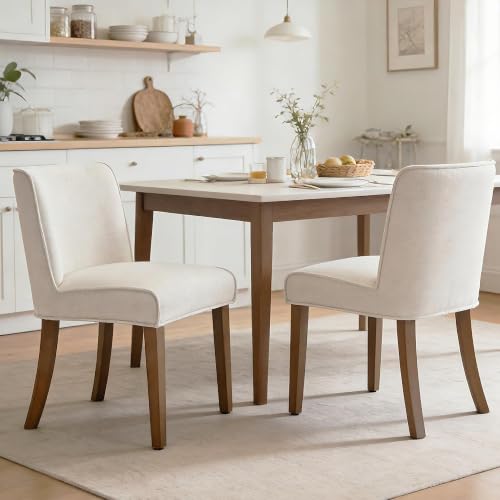 Image of Mid-Century Dining Chairs Set of 4, Linen Fabric Solid White Kitchen Chairs with Walnut Wood Leg Cushioned Back Modern Rustic Side Chairs for Living Room /Kitchen /Dining /Restaurant