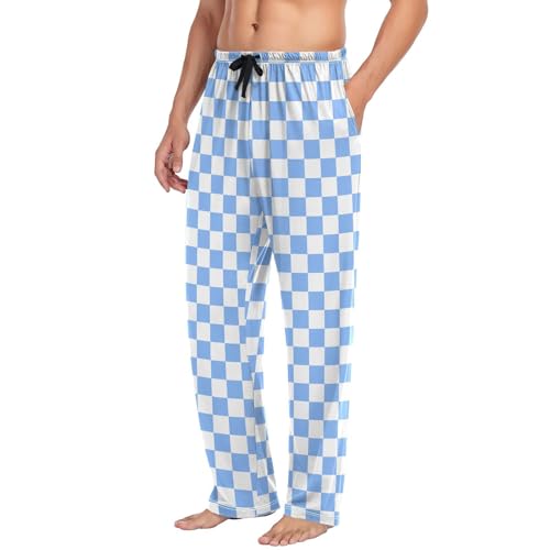 Men's White and Blue Checkered Pajama Pants with Pocket S4