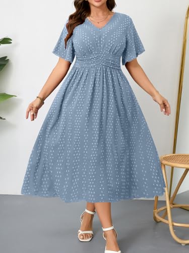 Image of RWJ Women's Plus Size Maxi Dress V Neck Short Sleeve Swiss Dot A Line High Waist Boho Swing Casual Summer Dresses