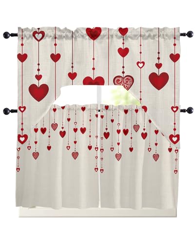 Saint Valentine's Swag Kitchen Curtain Sets with Valance,3 Pieces Rod Pocket Curtain Drapes for Bedroom Living Room Bathroom Cafe,Romantic Red Love Heart Farmhouse Burlap 56''x36''&36''x27.5''x2Panels