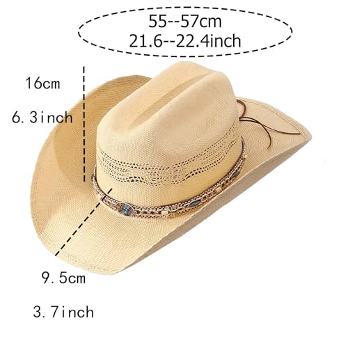 Image of Straw Cowboy Hat - Genuine Weaved Design with Elastic Sweatband and Adjustable Strap for Sun Protection