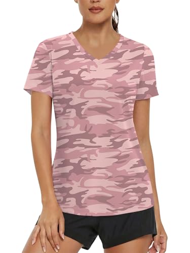 Magritta Gym Clothes for Women UK Yoga Running Tops Short Sleeve Plus Size V Neck Shirts Lightweight Sports Summer Tshirt Hiking Activewear Pink Camouflage 3X-Large, 26-28