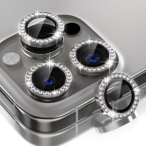 Image of Glitter Diamond Camera Lens Protector for iPhone 16 Pro / 16 Pro Max / 15 Pro / 15 Pro Max Grey UHD 9H Tempered Glass, Sparkle Crystal Design Camera Guard Scratch & Drop Resistant, Case Friendly Camera Cover