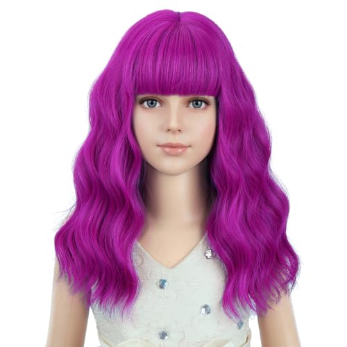 Image of PATTNIUM Girls Rose Purple Short Curly Wavy Wigs with Bangs Rose Shoulder Length Wavy Heat Resistant Synthetic Wig