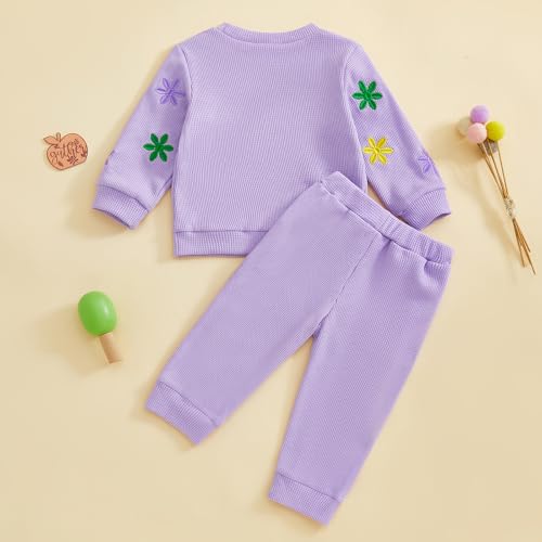 Image of Toddler Baby Boy Girl St Patricks Day Outfit Lucky Embroidery Waffle Long Sleeve Sweatshirt Pants Spring Clothes Set