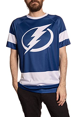 Calhoun NHL Mens Performance Quick Dry Moisture Wicking Rash Guard Short Sleeve Shirt (Tampa Bay Lightning, X-Large)