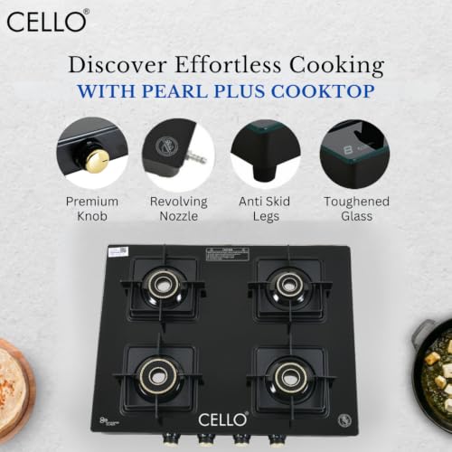 Image of Cello PEARL PLUS GT 4 Burner Gas Stove - Flower Design Brass Burners, 6mm Toughened Glass, Heavy-Duty Brass Valves, Flame Guard Pan Supports