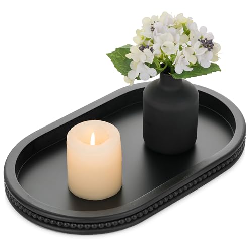 Hanobe Serving Wooden Decorative Tray: Black Beaded Oval Coffe Table Tray for Centerpiece Decor