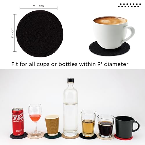 Image of Encasa XO Drink Coasters Set of 6 | Black with Round (9 cm) | Handcrafted Ribbed Cotton | Absorbent & Heat-Resistant | Use for Tea, Coffee Table & Desk
