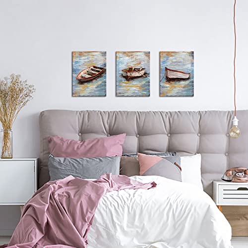 Lovehouse Boat Painting Wall Art Abstract Fish Boats Reflection Picture Bathroom Canva Print Artwork Framed Nautical Seaside Home Decor For Living Room Bedroom Decor 12X16Inchx3Pcs #TOP4