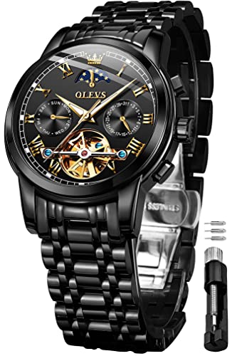 Olevs Black Men's Automatic Mechanical Watches Luxury Dress Waterproof Self Winding Moon Phase Chronograph Stainless Steel Luminous Date Tourbillon Wristwatch For Men #TOP18
