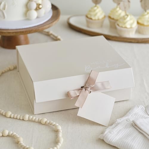 Ginger Ray Caja blanca con texto en inglés 'Hello Baby' con etiqueta de regalo y cinta de grogrén, neutro