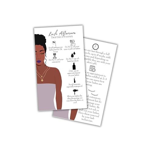 Boutique Marketing LLC Lash Extension Aftercare Instructions Cards | 50 Pack | Double Sided Size 3.5 x 2inch inches After Care (2-3 Week Fillers) | White with Cartoon Girl Design Black, Brown, White