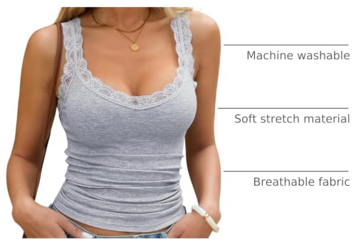 Image of Lace Camisole Tank Tops for Women V Neck Wide Strap Soft Ribbed Lace Trim Cami