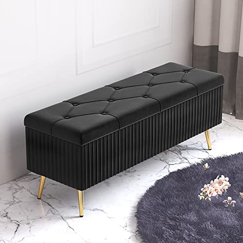Banco moderno de terciopelo para almacenamiento de zapatos, taburete tapizado de felpa para entrada, elegante reposapiés para dormitorio y sala de estar, baúl de almacenamiento negro.