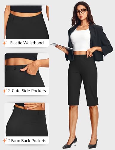 Image of ISEEGZ 14'' /18 inch Capri Pants for Women Dressy Stretch Pull On Womens Capris with Pockets Petite Summer Office Work Casual