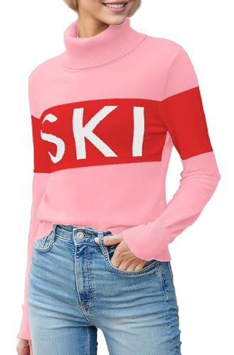 ALPSWARE Women Turtleneck Sweaters Warm Shirts Apres Ski Patchwork Tops