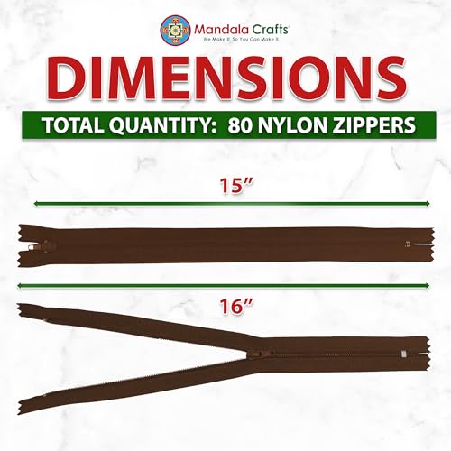 Image of Mandala Crafts 80 PCs Dark Brown Closed-End 15 in Nylon Zippers for Sewing