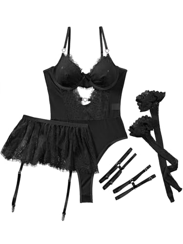 Image of Sexy Lingerie Set 3 Piece Women Corset Bodysuit Skirt | Rhinestone Heart Stocking Garter Plus Size Underwire Mesh Sheer Lace Push Up Babydoll Halloween Christmas Valentine's Bridal