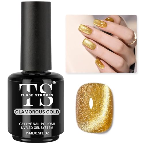 Image of THR3E STROKES Cat Eye Gel Nail Polish 15ml Polish Soak Off U V LED Nail Lamp 1 Color Silver Shimmer Velvet Gel Nail Polish Nail Art Manicure Salon DIY Home (GLORIOUS GOLD)