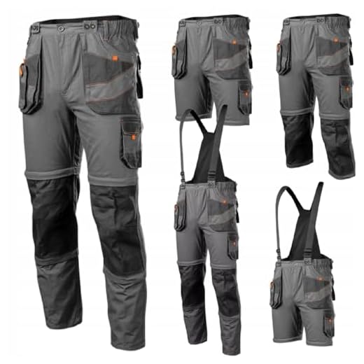 NEO TOOLS Pantalones de trabajo para hombre, 6 en 1, pantalones cortos, peto, 100% algodón, 260 g/m², tirantes desabotonables, bolsillos multifunción, cintura elástica elástica, tallas XS-3XL, gris,