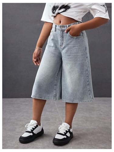 Floerns Girl's Summer Wide Leg Capris Jeans Elastic Waist Baggy Denim Pants with Pockets2