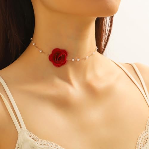 Flower Choker Necklaces for Women Rose Necklace for Women with Pearl Dainty Red Rose Choker Necklace Flower Jewelry Party Prom2