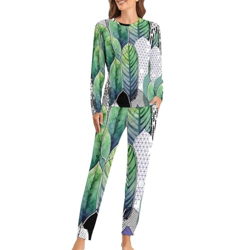 Pyjama femme manches longues sleepwear imprimé feuilles