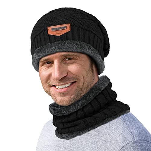 Winter Hat Scarf Gloves For Men Women - Fleece Lined Slouchy Beanie Snow Knit Skull Cap Circle Scarves Touch Screen Mittens (Black) #TOP4