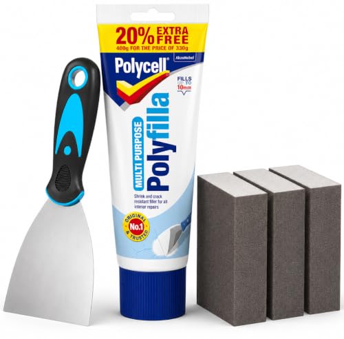 Polycell Polyfilla Ready Mixed Tube 396g All Purpose Filler Interior Exterior Plaster Wood Stone Cracks Holes Smooth Paste For Walls With Muelo Metal Wall Scraper Tool 3 & 3 Mixed Grit Sanding Blocks