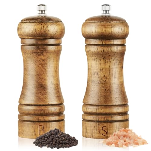 Vicloon Salz und Pfeffermühle,2er Set Hölzern Gewürzmühle mit 2 Reinigungspinsel,Manuell Pfeffermühle,Verstellbarem Holz mühle für Gewürze Pfeffer Salz -14.5cm