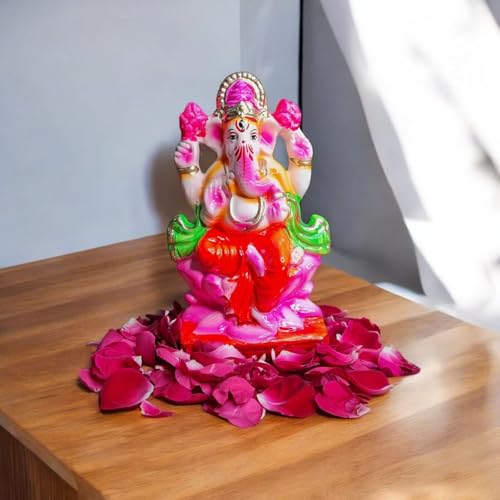 Image of SAUDEEP INDIA 6 Inch Colored Mitti Ganesh Idol for Ganesh Chaturthi | Eco-Friendly Handcrafted Clay Ganpati Murti for Visarjan | Biodegradable Painted Ganesha Statue for Home Decor & Pooja