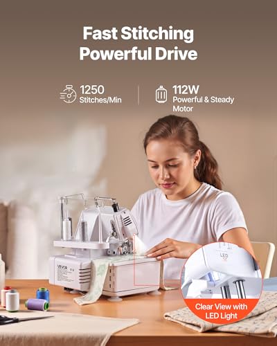 Miniatura 4 de Vevor Máquina De Coser Overlock, 1250 Puntadas Por Minuto, Compatible Con 3 Y 4 Hilos, Con Luz Led Y Pies De Succión Fuertes, Con Marco De Metal Para Varios Tejidos, Blanco, 260 X 270 X 270 Mm