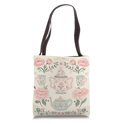 Vintage Tea Set Delight - Cottagecore and Grandmillennial Tote Bag