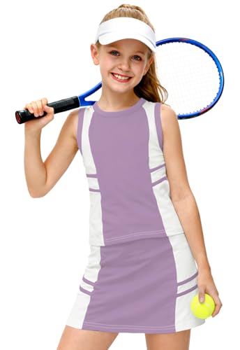 Image of AOBUTE Girls Tennis Golf Outfit Tank Top and Skirt with Shorts Set 4-12 Years