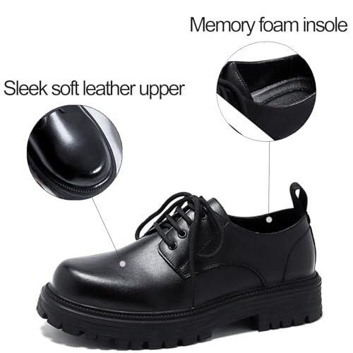 Mens Leather Black Platform Lace Up Lugs Sole Oxfords Shoes Modern Comfortable Classic Chunky Heel Increase Height Business Formal Dress Shoes for Wedding Work Party Office2