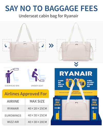 ECOHUB für Ryanair Handgepäck Tasche 40x20x25, Perfekt für Neue Ryanair 40x30x20 Faltbare Reisetasche für Flugzeug, Recycelt Travel Ryan air Bag 40x20x25 Mit Abnehmbar Nass-Tasche für Damen(Beige)