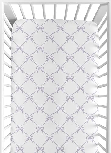 Image of Sweet Jojo Designs Fitted Baby Crib Sheets (Purple Bows) for Girls, Infant Nursery, Toddler Room - Standard Size (White and Lavender Bow for Shabby Chic, Ballet, Dancer, Ballerina Princess Collection)