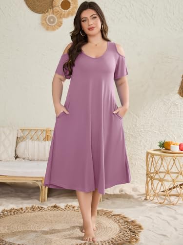 Image of LARACE Plus Size Women Dress for Summer, Midi Women's Sundress, Casual V-Neck Short Sleeve Flowy T-Shirt Dresses with Pockets
