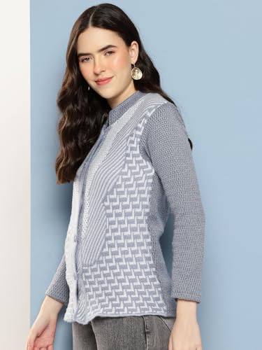Image of Aarika Womens Winter Wear Green Colour Zig Zag Woolen Cardigan