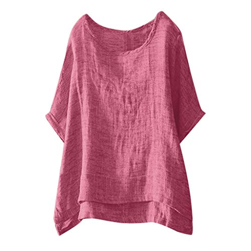Camisetas Algodón Y Lino Mujer 2019 Nuevo SHOBDW Moda Cuello Redondo Color Sólido Tops Blusa Suelto Camisetas Mujer Manga Corta Tallas Grandes M-3XL(Rosa,3XL)