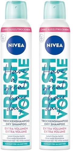 NIVEA Trockenshampoo Fresh Volume (200 ml), extra mildes Trockenshampoo Spray mit angenehmem Duft, Trockenhaarshampoo für extra Volumen & sofortige Frische (Packung mit 2)