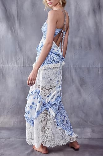Image of Women Y2k Floral Smocked Maxi Dress Bow Tie Shoulder Tiered Ruffle Midi Sun Dress Boho Casual Beach Long Dresses