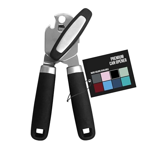 Can Opener, Heavy Duty Stainless Steel Rust-Resistant with Smooth Edge, Ergonomic Soft Handle, Large Turn Knob, Multi-Purpose Long Handle for Cans, Tins & Bottles