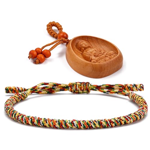 LUCKY BUDDHIST Tibetisches Glücksarmband Buddhistisches Armband für Herren und Damen verstellbares geflochtenes Armband mit Buddha Schlüsselanhänger aus Holz