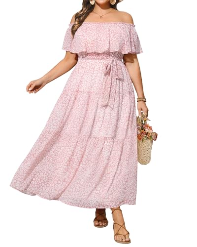 Image of Plus Size Chiffon Off The Shoulder Maxi Long Floral Summer Casual Beach Boho Sundress Women 2024